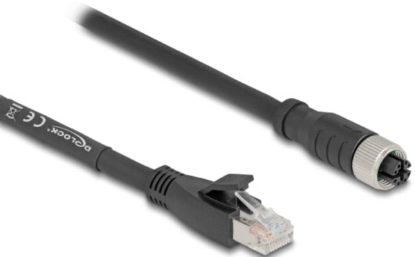 Delock - Nettverkskabel - 8 pin M12-X (hunn) til RJ-45 (hann) - 3 m - 6.8 mm - S/FTP - CAT 5e - X-kodet, fleksibel - svart