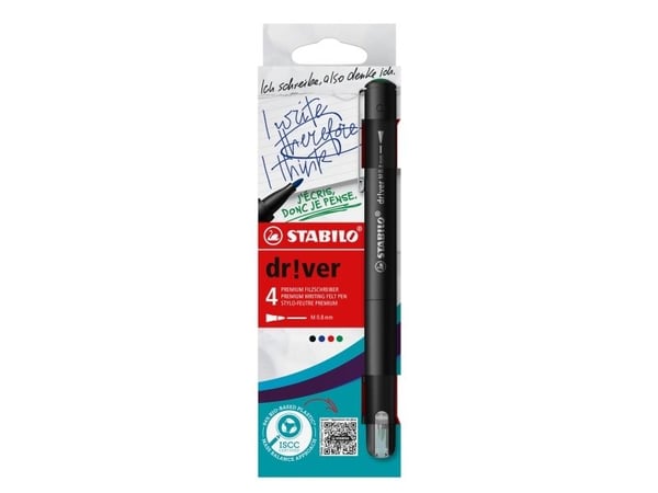 STABILO dr!ver, Sort, Blå, Grønn, Rød, Medium, Sort, Vann-basert blekk, 0,8 mm, Metall