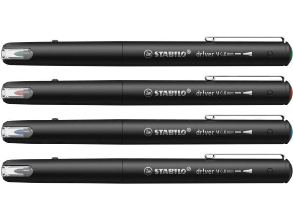 STABILO dr!ver, Musta, Sininen, Vihreä, Punainen, Medium, Musta, vesipohjainen muste, 0,8 mm, Metallia