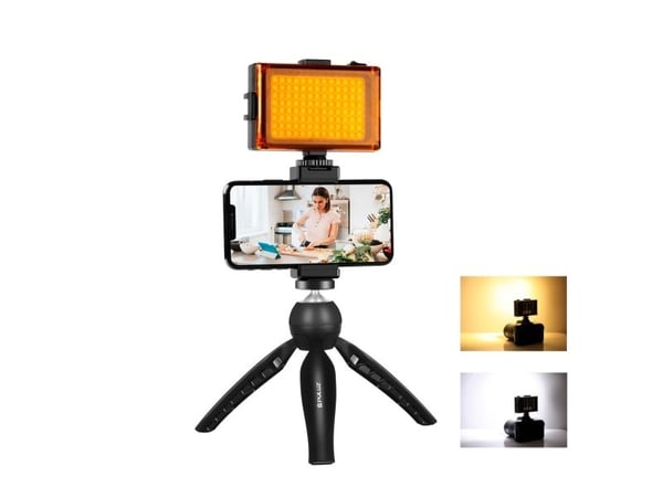 Puluz stativsett for opptak: live stativ + LED-lys + telefonklemme PKT3131B