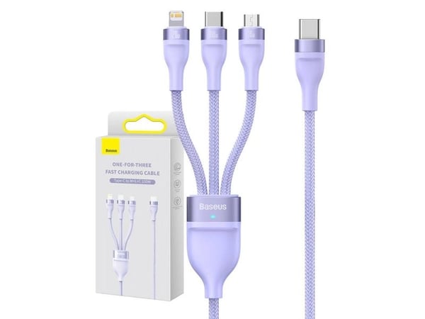 USB-kabel Baseus USB-C til USB-C + microUSB + Lightning 1,5 m lilla (CASS030205)