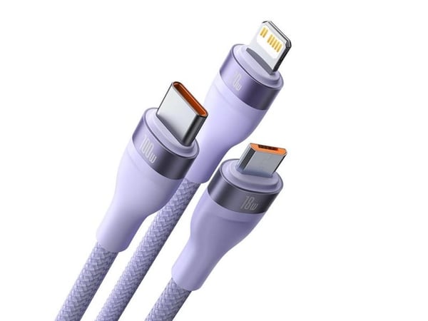 USB-kabel Baseus USB-C til USB-C + microUSB + Lightning 1,5 m lilla (CASS030205)