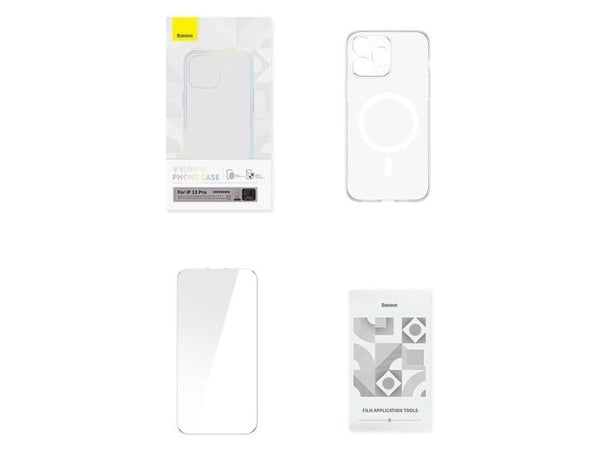 Baseus magnetiskt Crystal Clear mobilskal för iPhone 13 Pro (transparent) med helskärms härdat glas-skärmskydd och rengöringskit