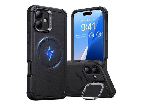 ESR Cyber Tough HaloLock Case + Stash Stand mobildeksel Apple iPhone 16 Plus sort MagSafe-kompatibelt