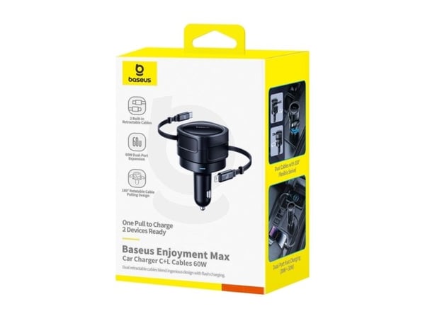 Baseus Enjoyment Max -autolaturi USB-C + salamakaapelit 60W Musta