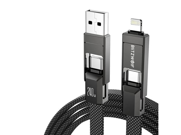 Blitzwolf BW-HDC7 4-in-1 USB+C+Salama kaapeli jää 240W 1.2m juodos spalvos