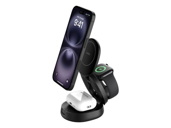 Belkin BoostCharge - Trådløst ladestativ - 3-i-1, magnetisk, kompakt + AC-strømadapter - 15 watt - svart