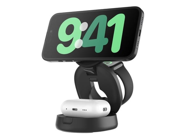 Belkin BoostCharge - Trådløst ladestativ - 3-i-1, magnetisk, kompakt + AC-strømadapter - 15 watt - svart