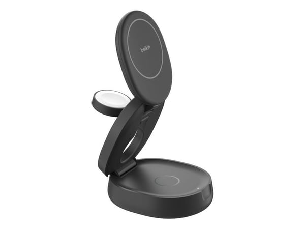 Belkin BoostCharge - Trådløst ladestativ - 3-i-1, magnetisk, kompakt + AC-strømadapter - 15 watt - svart