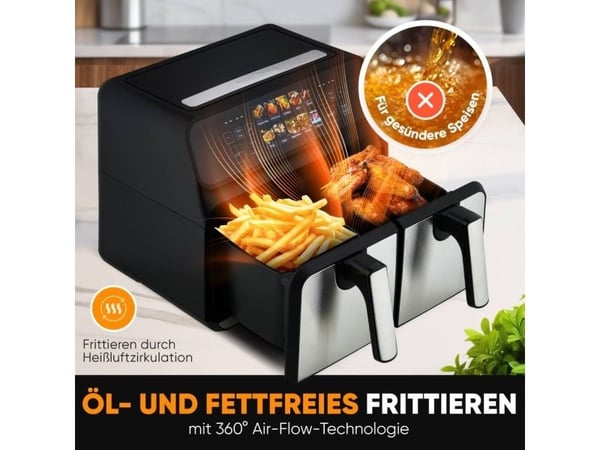 ProfiCook PC-FR 1287 H, Varmluftsfrityr, 8 l, 50 °C, 200 °C, Dobbel, Sort, Rustfritt stål