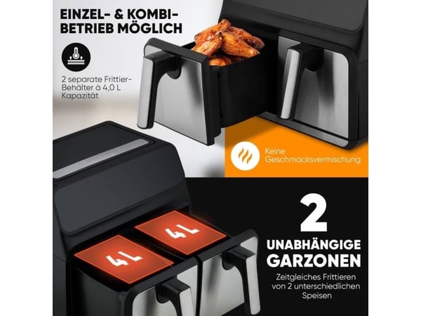 ProfiCook PC-FR 1287 H, Varmluftsfrityr, 8 l, 50 °C, 200 °C, Dobbel, Sort, Rustfritt stål