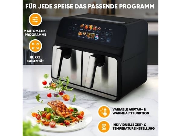 ProfiCook PC-FR 1287 H, Varmluftsfrityr, 8 l, 50 °C, 200 °C, Dobbel, Sort, Rustfritt stål
