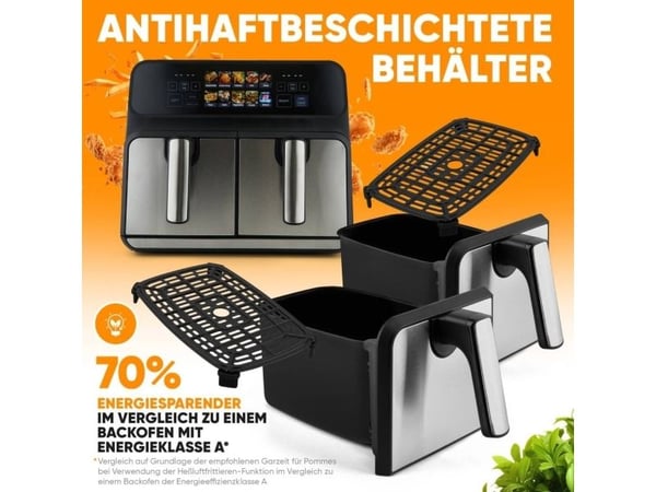 ProfiCook PC-FR 1287 H, Varmluftsfrityr, 8 l, 50 °C, 200 °C, Dobbel, Sort, Rustfritt stål