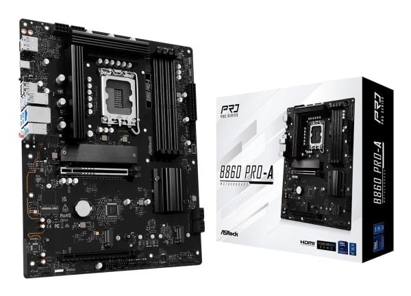 ASRock B860 Pro-A - Emolevy - ATX - LGA1851-asennuspaikka - B860 piirisarja - USB-C 3.2 Gen 2x2, USB-C 3.2 Gen2, USB 3.2 Gen 2, USB 3.2 Gen 1 - 2.5...