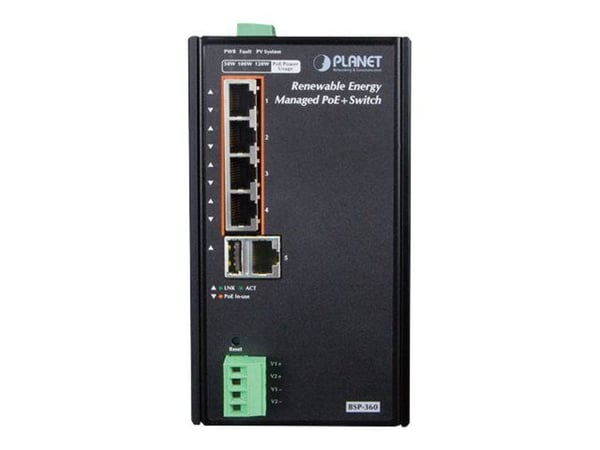 PLANET BSP-360 - Switch - Styrt - 4 x 10/100/1000 (PoE+) + 1 x 10/100/1000 - DIN-skinnemonterbar, veggmonterbar - PoE+