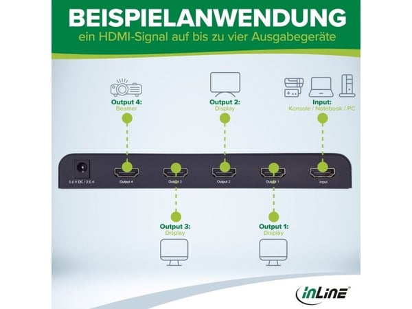 InLine 65010K, HDMI, 4x HDMI, Svart, 3840 x 2160 piksler, 4K Ultra HD, 12 bit
