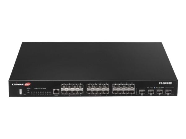 "Edimax 28-porttinen Gigabit SFP L2+ -hallittu kytkin, jossa on 4 10GbE SFP+ -porttia"