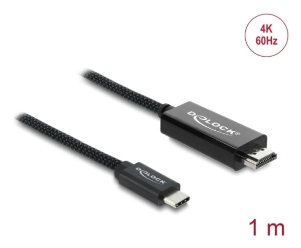 Delock - Video adapter - USB-C hann til HDMI hann - 1 m - tredobbeltskjermet koaksial - svart - støtte for 4K 60 Hz (3840 x 2160), Støtte for DP Al...