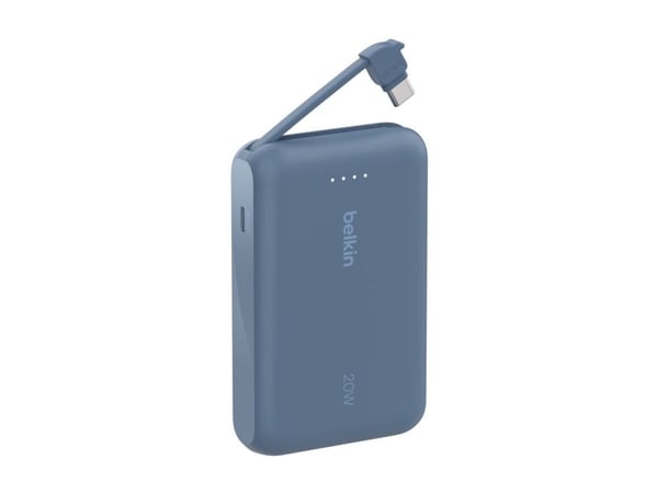 Belkin BoostCharge - Strømbank - med integrert kabel - 10000 mAh - 20 watt - 3 A - Fast Charge - 2 utgangskontakter (USB-C) - blå