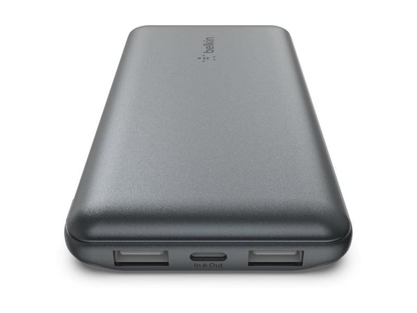 Belkin BoostCharge - Strømbank - 10000 mAh - 15 watt - 3 A - 3 utgangskontakter (2 x USB, USB-C) - på kabel: USB-C - romgrå