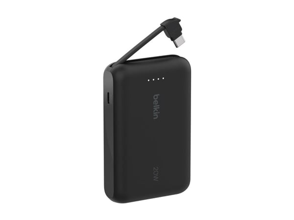 Belkin BoostCharge - Strømbank - med integrert kabel - 10000 mAh - 20 watt - 3 A - Fast Charge - 2 utgangskontakter (USB-C) - svart