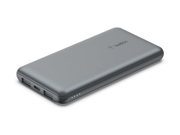 Belkin BoostCharge - Strømbank - 10000 mAh - 15 watt - 3 A - 3 utgangskontakter (2 x USB, USB-C) - på kabel: USB-C - romgrå