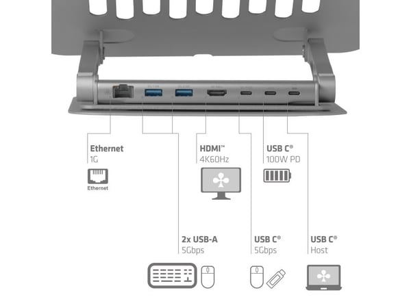 Club3D-stativ for bærbar PC med USB-C HUB 100W 360° 4K60Hz