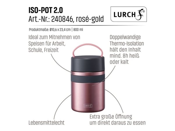 Lurch 00240846, Termisk boks, 0,8 l, 12 timer, Rosegull, Rustfritt stål, 110 mm