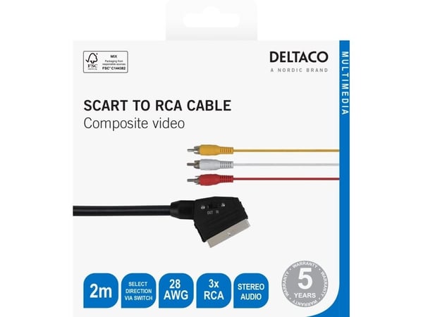 DELTACO - Video/lydkabel - kompositt video - SCART til RCA x 3 hann - 2 m - svart