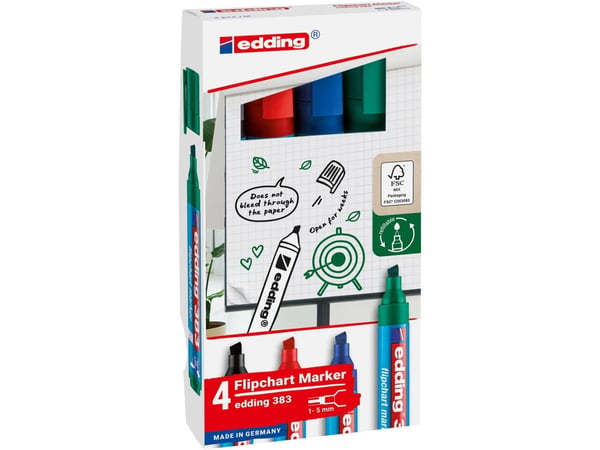 Edding 383 Flipchart, 4 stykker, Sort, Blå, Grønn, Rød, Meisel tupp, Plast, Rund, 1 mm