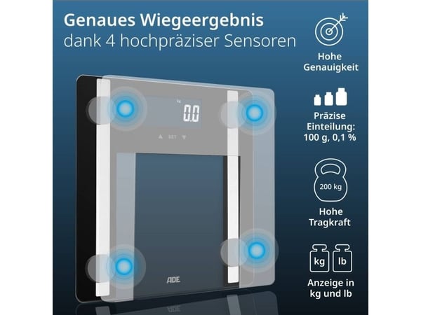 ADE BA2300-1, Elektronisk personvekt, 200 kg, 100 g, Sort, Hvit, kg, lb, firkant