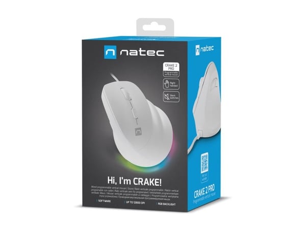 Natec CRAKE 2 PRO - Vertikal mus - ergonomisk - optisk - 6 knappar - kabelansluten - USB - vit