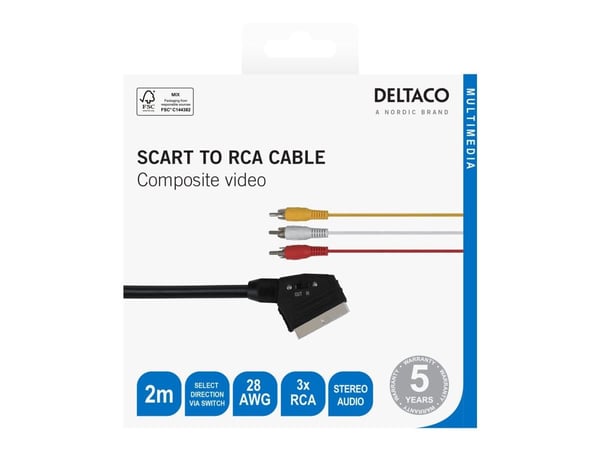DELTACO - Video/lydkabel - kompositt video - SCART til RCA x 3 hann - 2 m - svart