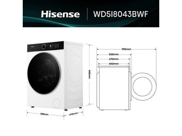 Hisense WD5I8043BWF, Frontmatet, Frittstående, Hvit, Venstre, Svart, Svart