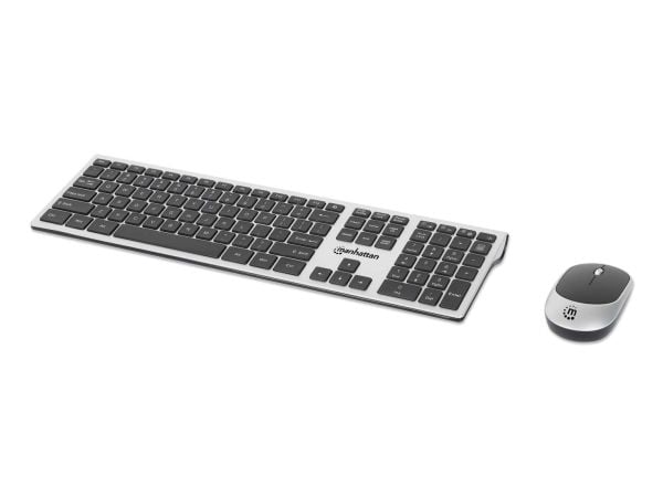 Manhattan 180788, Trådløs, RF kabel-fri, Sakseformet tastebryter, QWERTY, Sort, Sølv, Mus inkludert