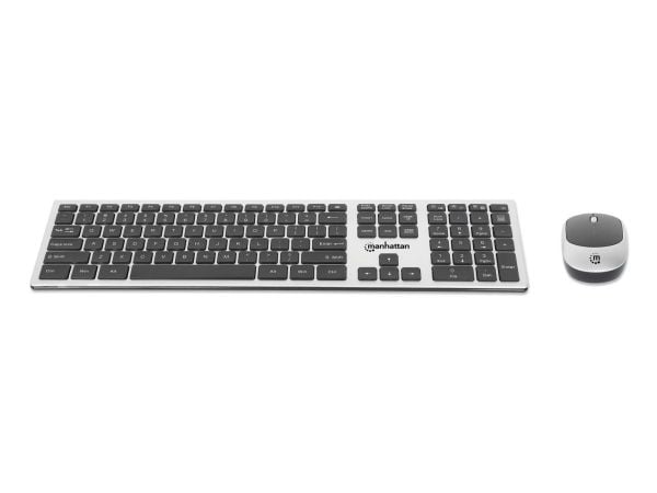 Manhattan 180788, Trådløs, RF kabel-fri, Sakseformet tastebryter, QWERTY, Sort, Sølv, Mus inkludert