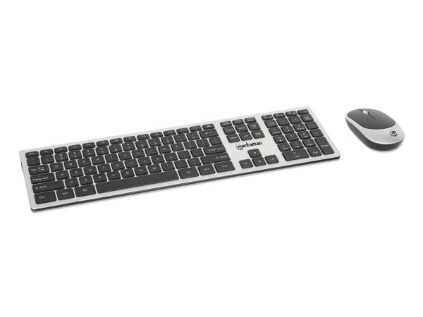 Manhattan 180788, Trådløs, RF kabel-fri, Sakseformet tastebryter, QWERTY, Sort, Sølv, Mus inkludert