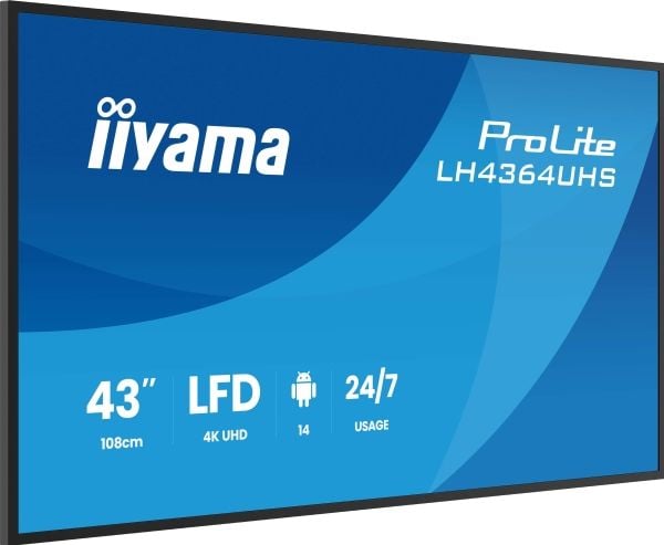 iiyama LH4364UHS-B1AG, Digital skiltingstavle (flatskjerm), 109,2 cm (43"), LED, 3840 x 2160 piksler, Wi-Fi, 24/7