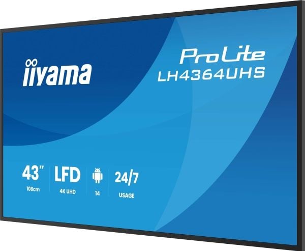 iiyama LH4364UHS-B1AG, Digital skiltingstavle (flatskjerm), 109,2 cm (43"), LED, 3840 x 2160 piksler, Wi-Fi, 24/7