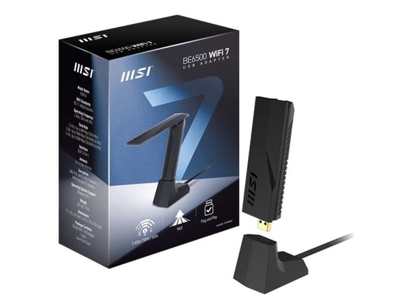 MSI BE6500 WiFi7 USB Stick - Dongle, Trådløs, USB, WLAN, Wi-Fi 7 (802.11be), 2880 Mbit/s, Svart