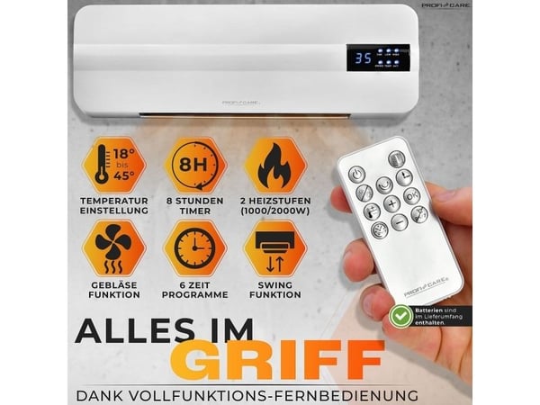 ProfiCare PC-HL 3116, Keramisk, 8 timer, 1,5 m, IP24, Innendørs, Vegg