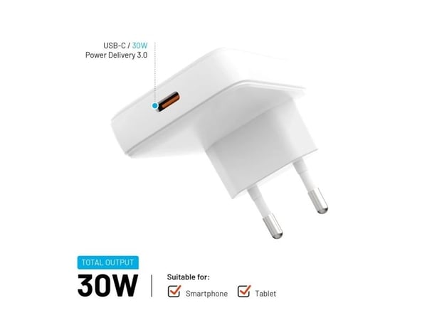 FIXED Slim - Strömadapter - GaN - 30 Watt - 3 A - PD 3.0 (24 pin USB-C) - vit