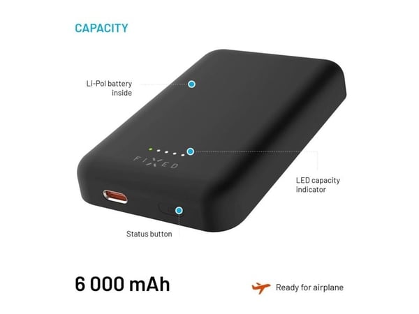 FIXED MagZen - Trådløs nødlader - Li-pol - 6000 mAh - 23.1 Wh - 20 watt - 3 A - PD 3.0 (USB-C) - svart