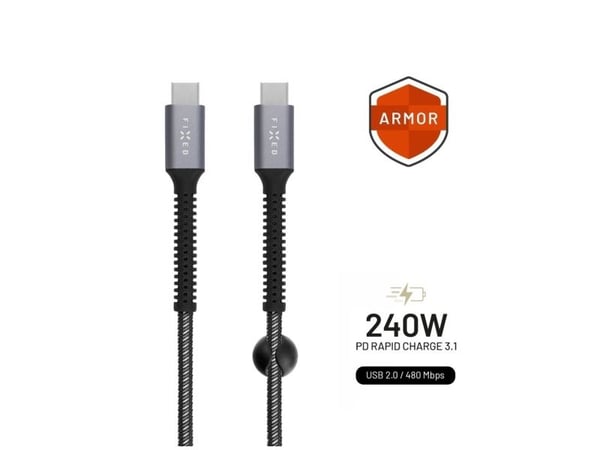 FIXED Armor - USB-kabel - 24 pin USB-C (hann) til 24 pin USB-C (hann) - USB 2.0 - 2 m - USB Power Delivery (240 W) - romgrå