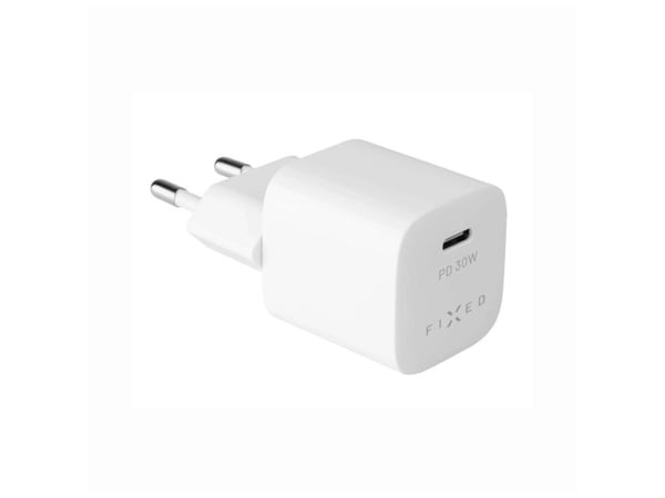 Kelioninis mini įkroviklis FIXED 30 W su USB-C/USB-C kabeliu, baltas