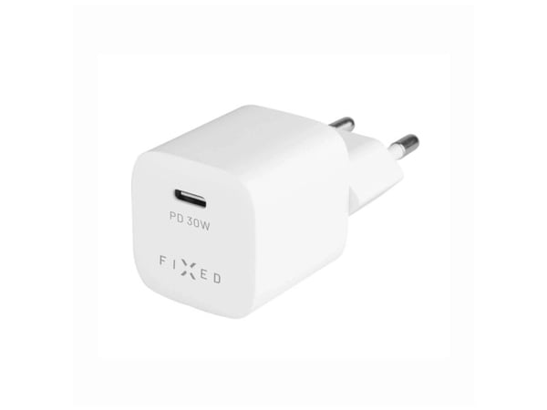 Kelioninis mini įkroviklis FIXED 30 W su USB-C/USB-C kabeliu, baltas