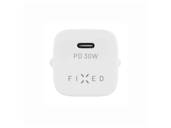 Kelioninis mini įkroviklis FIXED 30 W su USB-C/USB-C kabeliu, baltas
