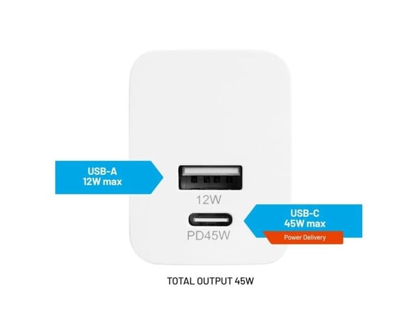 FIXED - Strømadapter - travel - 45 watt - PD 3.0, SFC - 2 utgangskontakter (24 pin USB-C (45 watt), USB) - hvit