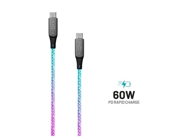 FIXED - USB-kabel - 24 pin USB-C (hann) til 24 pin USB-C (hann) - 1.2 m - USB-C Power Delivery (60W), RGB illumination, glowing - regnbue