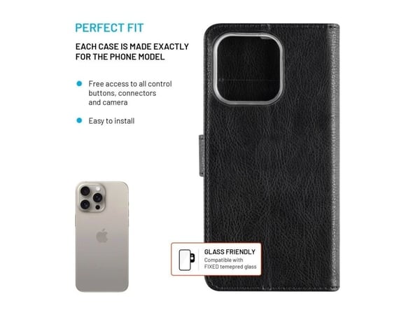 FIXED Opus - Lommebok for mobiltelefon - syntetisk skinn - svart - for Apple iPhone 16 Pro